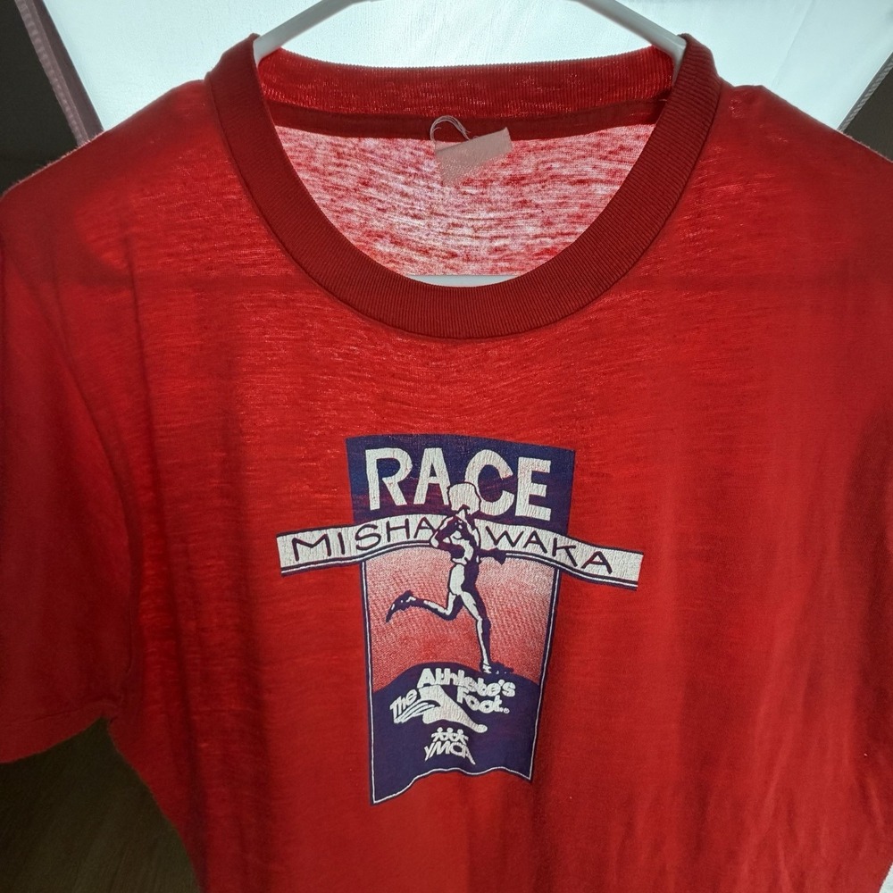 Vintage 70s 80s Running T Shirt Mens Medium Red Thin Single Stitch Race YMCA Tee